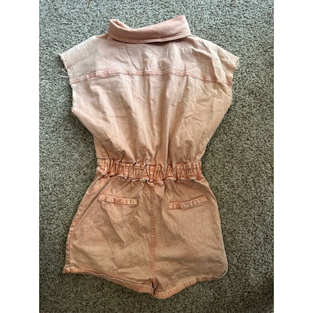 Fate Peach Acid Wash Utility Romper Womens Small Button Front Denim Shorts